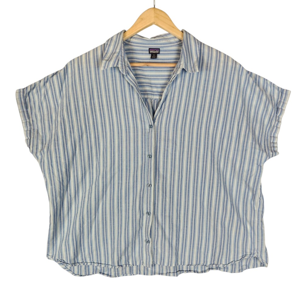 Patagonia Lightweight A/C Shirt XL Blue Striped Organic Cotton Hemp Short Sleeve